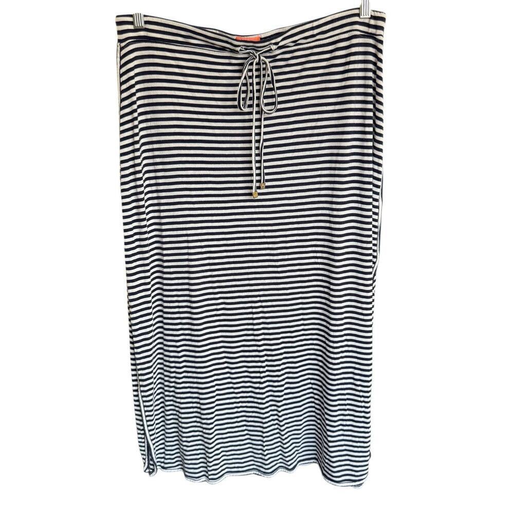 Joules Blk & Wht Stripe Midi Skirt Stretch Straight Side Slits 12 Coastal Preppy